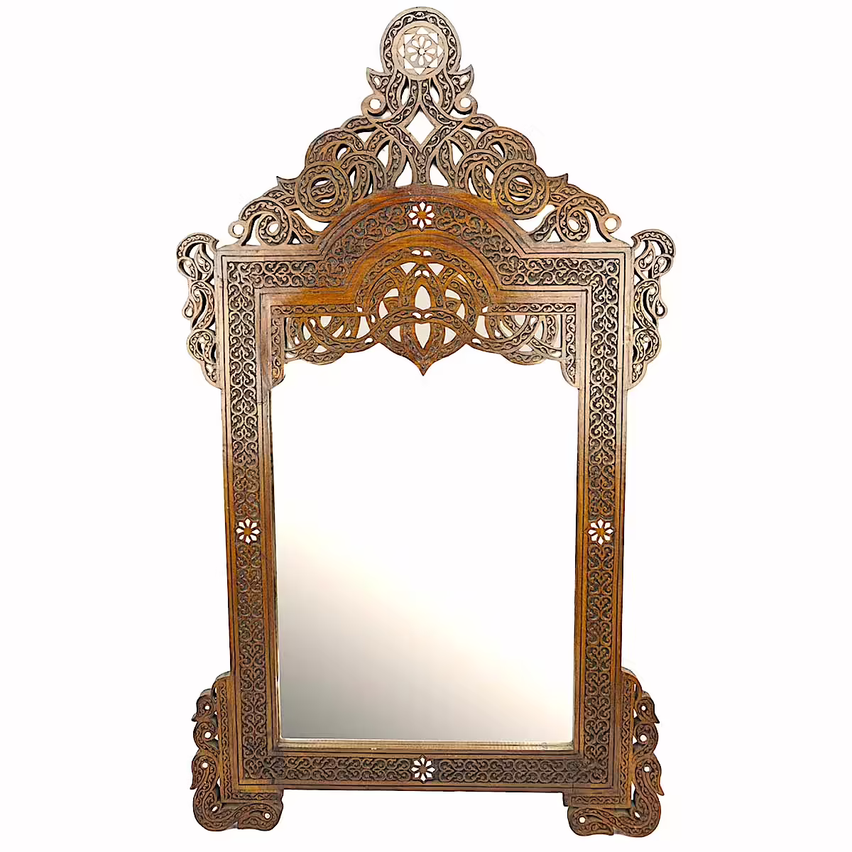 Handcrafted Walnut Wood Mirror with Intricate Carvings