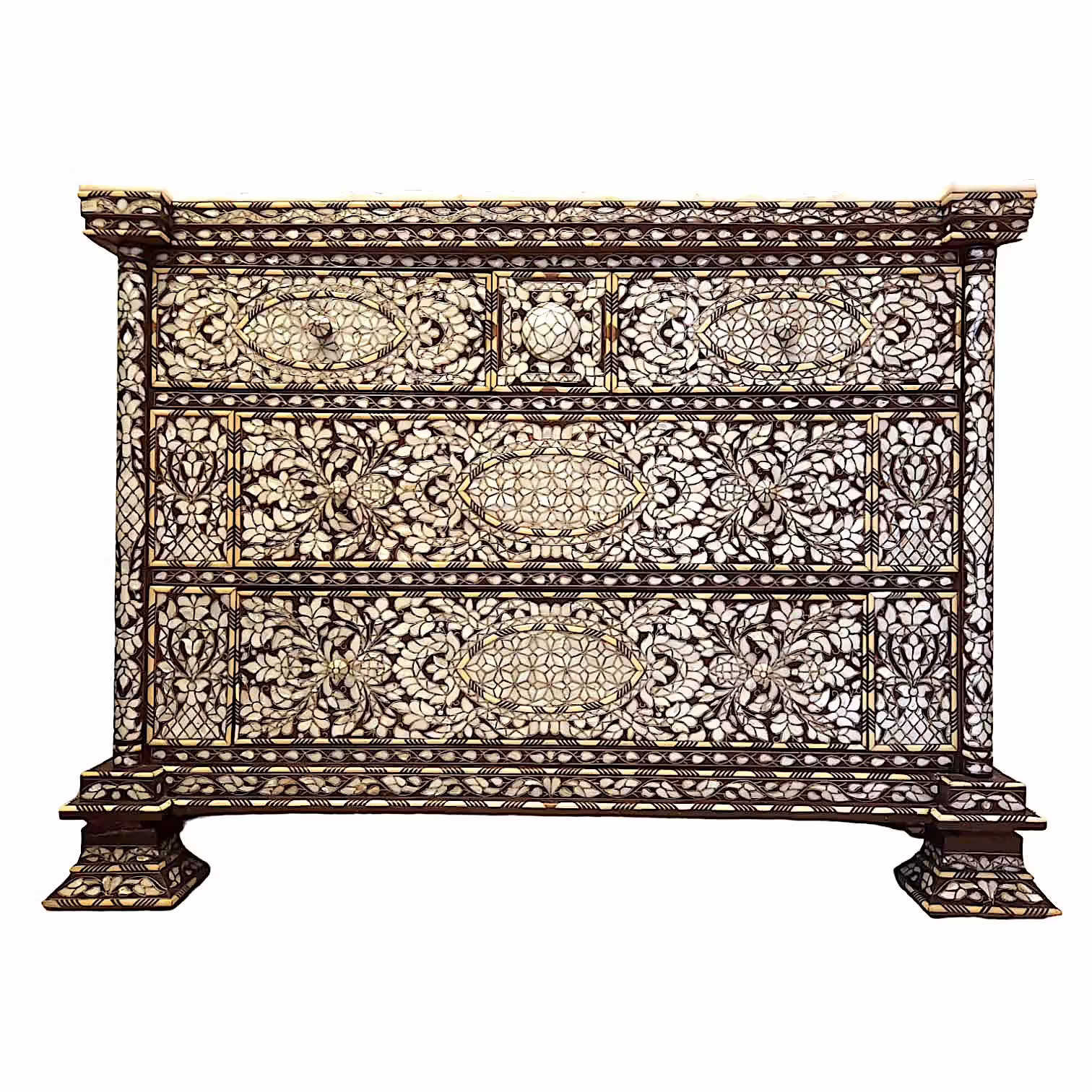 Hand-crafted-chest-of-drawers-mother-of-pearl-inlaid-decorative-bureau-