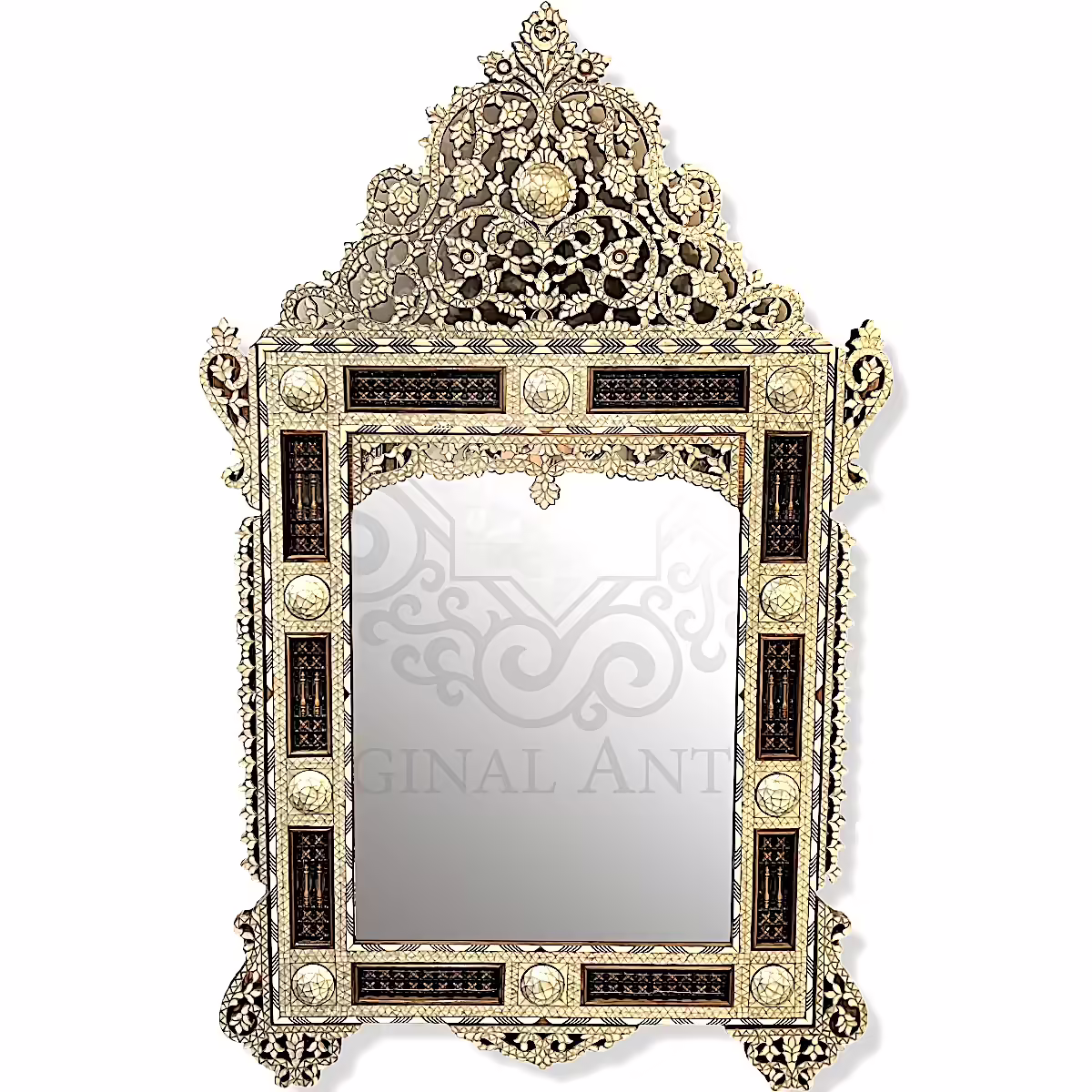Hand-Crafted Wooden Mirror with Delicate Mother-of-Pearl Inlay and Hand Engraving in Arabic.