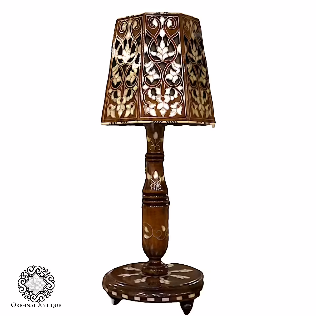 Hand-Crafted Wooden Side Lamp with Stunning Mother-of-Pearl Inlay.