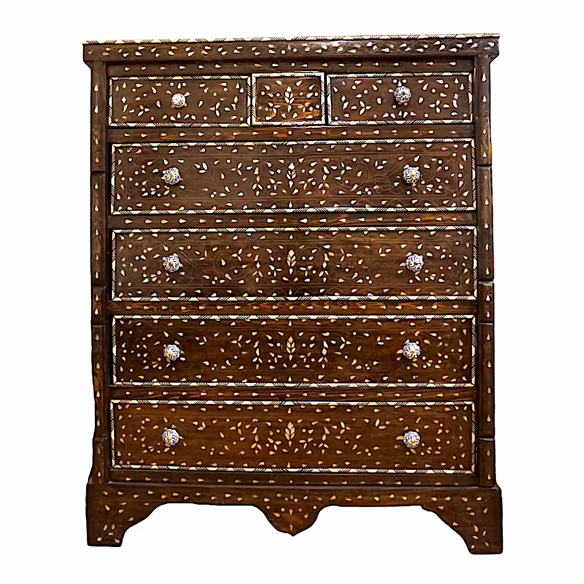 Hand-crafted Chest of 6 Drawers Featuring Mother of Pearl Inlay.