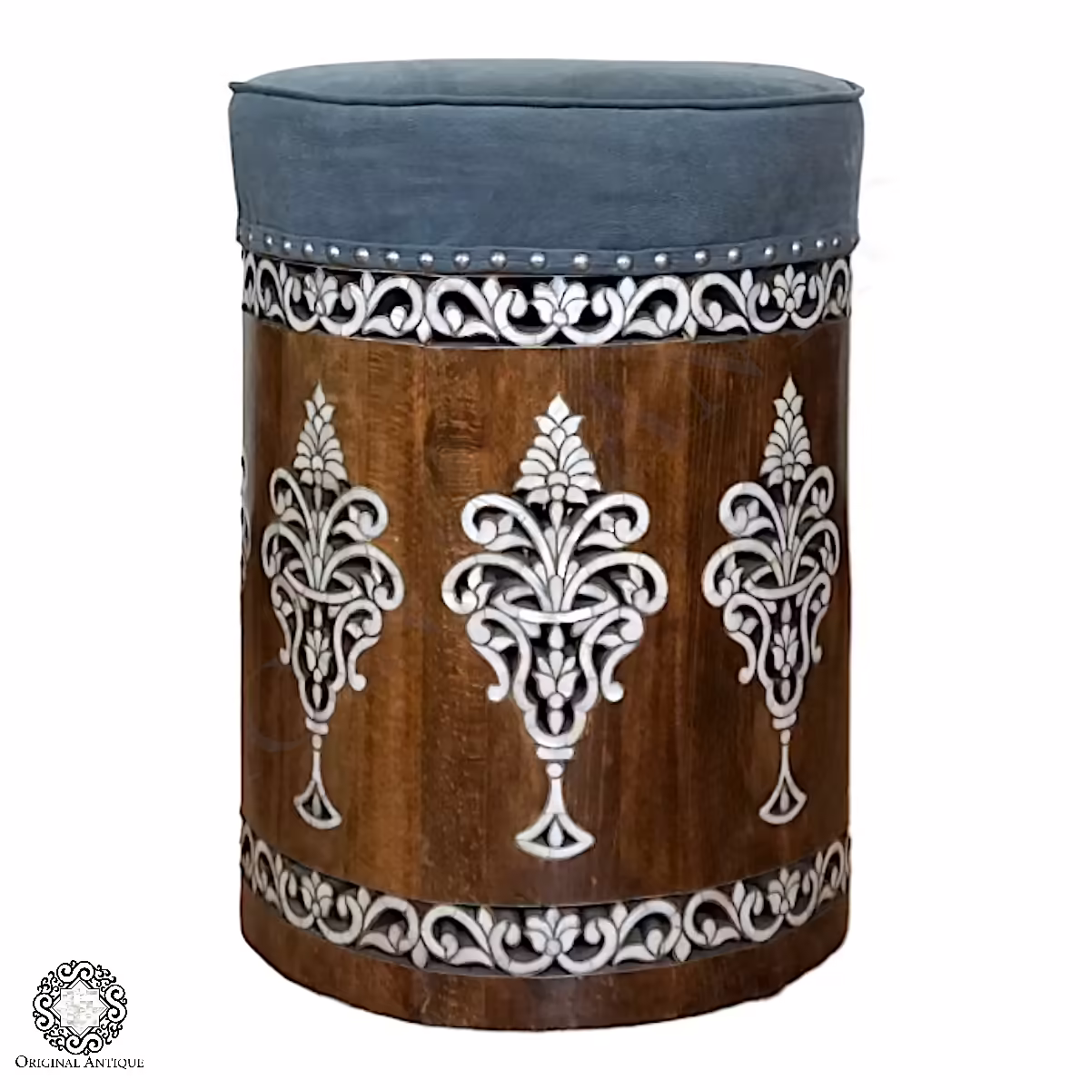 Handcrafted Wooden Bench with Intricate Carvings and Delicate Inlay