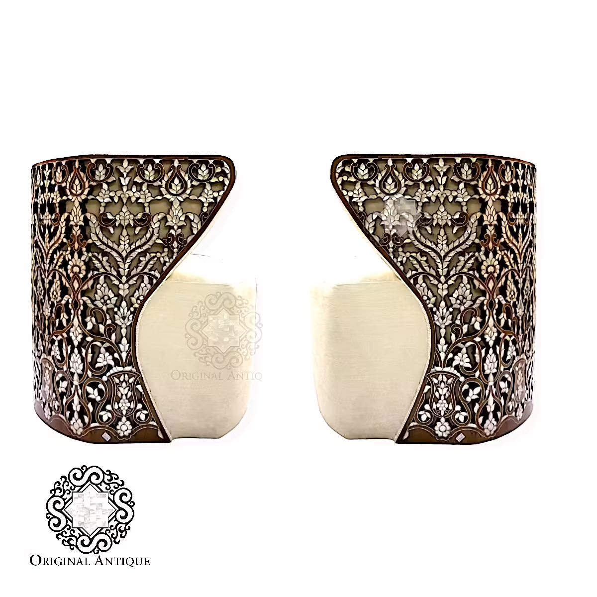 Handcrafted Wooden Chair with Mother-of-Pearl Inlay and Intricate Carvings.٤
